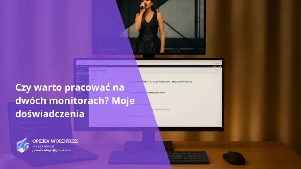 Stanowisko pracy z trzema monitorami i otwartym panelem WordPress