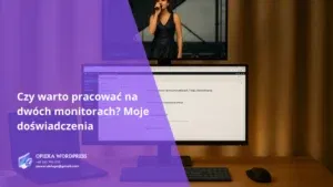 Stanowisko pracy z trzema monitorami i otwartym panelem WordPress