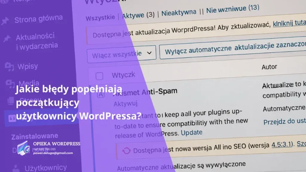 Panel WordPress z wtyczkami i komunikatem o aktualizacjach