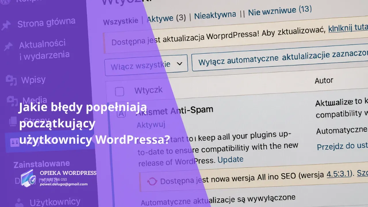 Panel WordPress z wtyczkami i komunikatem o aktualizacjach