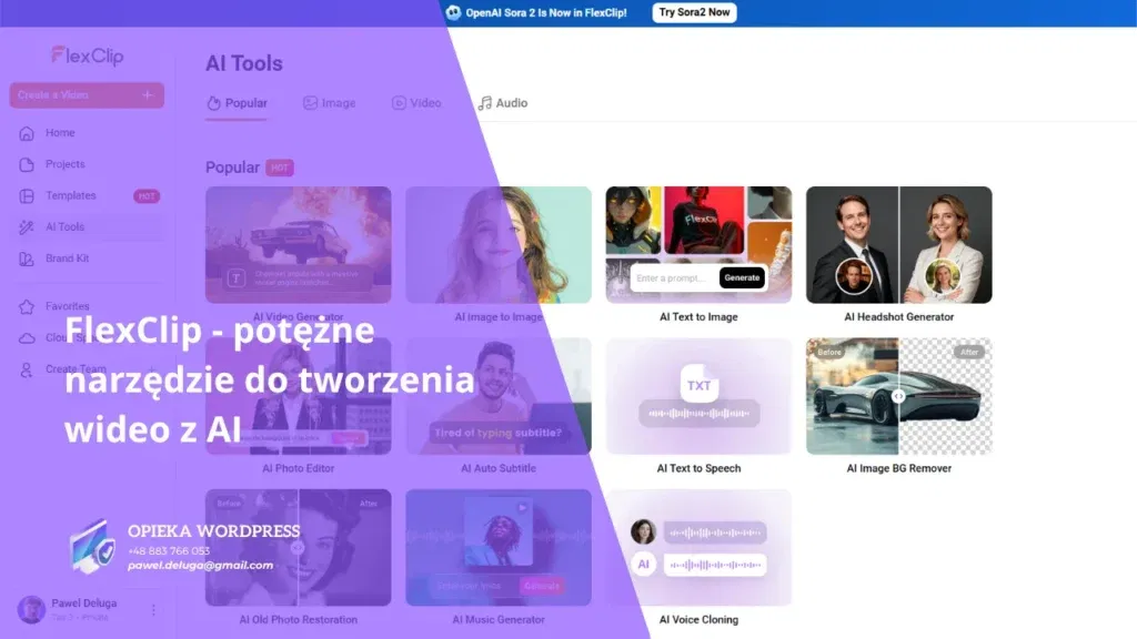 Ekran edytora FlexClip z narzędziami AI do montażu wideo online